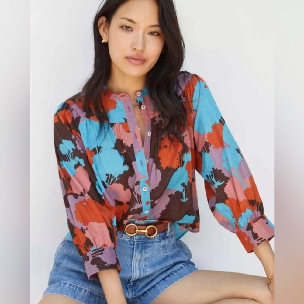 Porridge | Small‎ Abstract 100% Cotton Peasant Style Blouse Puff Sleeves